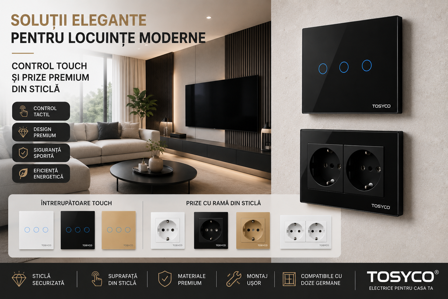 Solutii elegante pentru locuinte moderne: control touch si prize premium din sticla