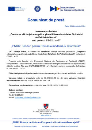 Lansarea proiectului „Creșterea eficienței energetice și reabilitarea imobilelor Spitalului de Psihiatrie Nucet“
