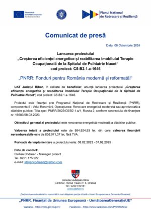 Lansarea proiectului „Creșterea eficienței energetice și reabilitarea imobilului Terapie Ocupațională de la Spitalul de Psihiatrie Nucet“