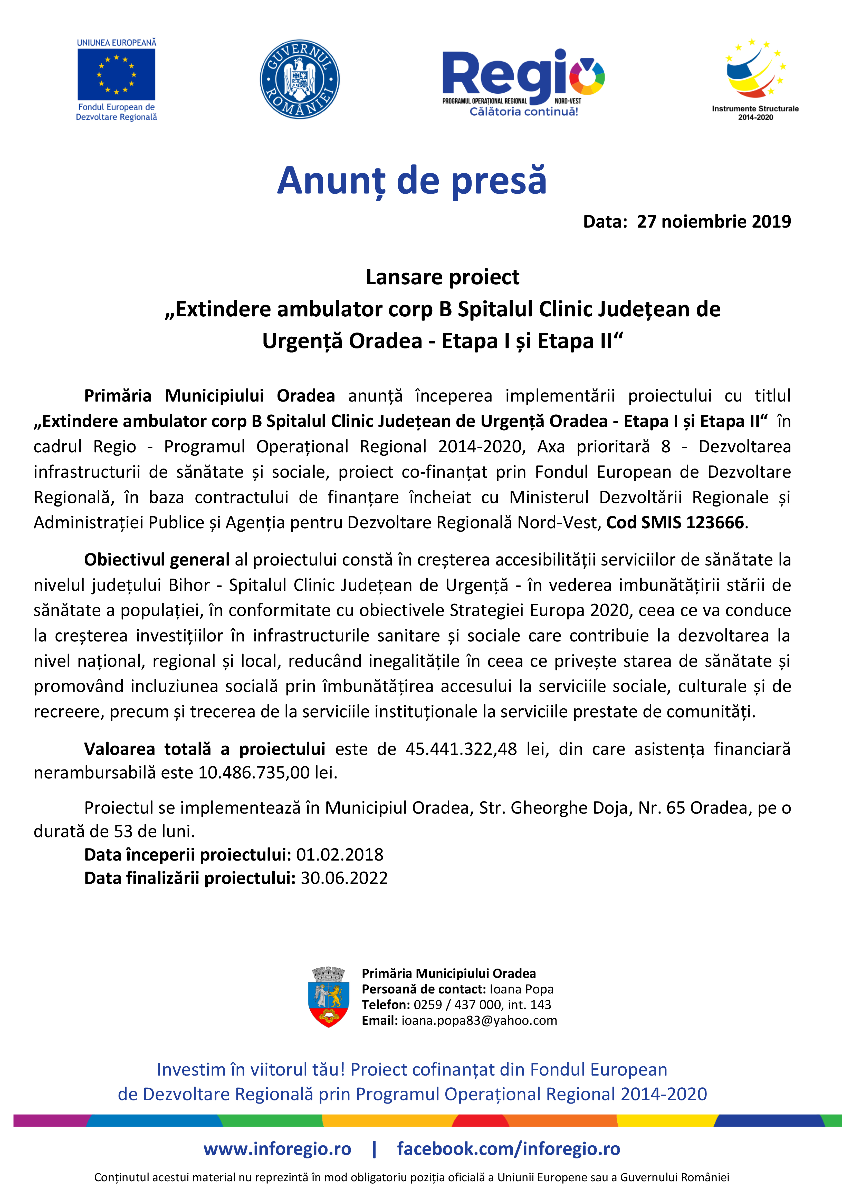Lansare proiect „Extindere ambulator corp B Spitalul Clinic Județean de Urgență Oradea - Etapa I și Etapa II“