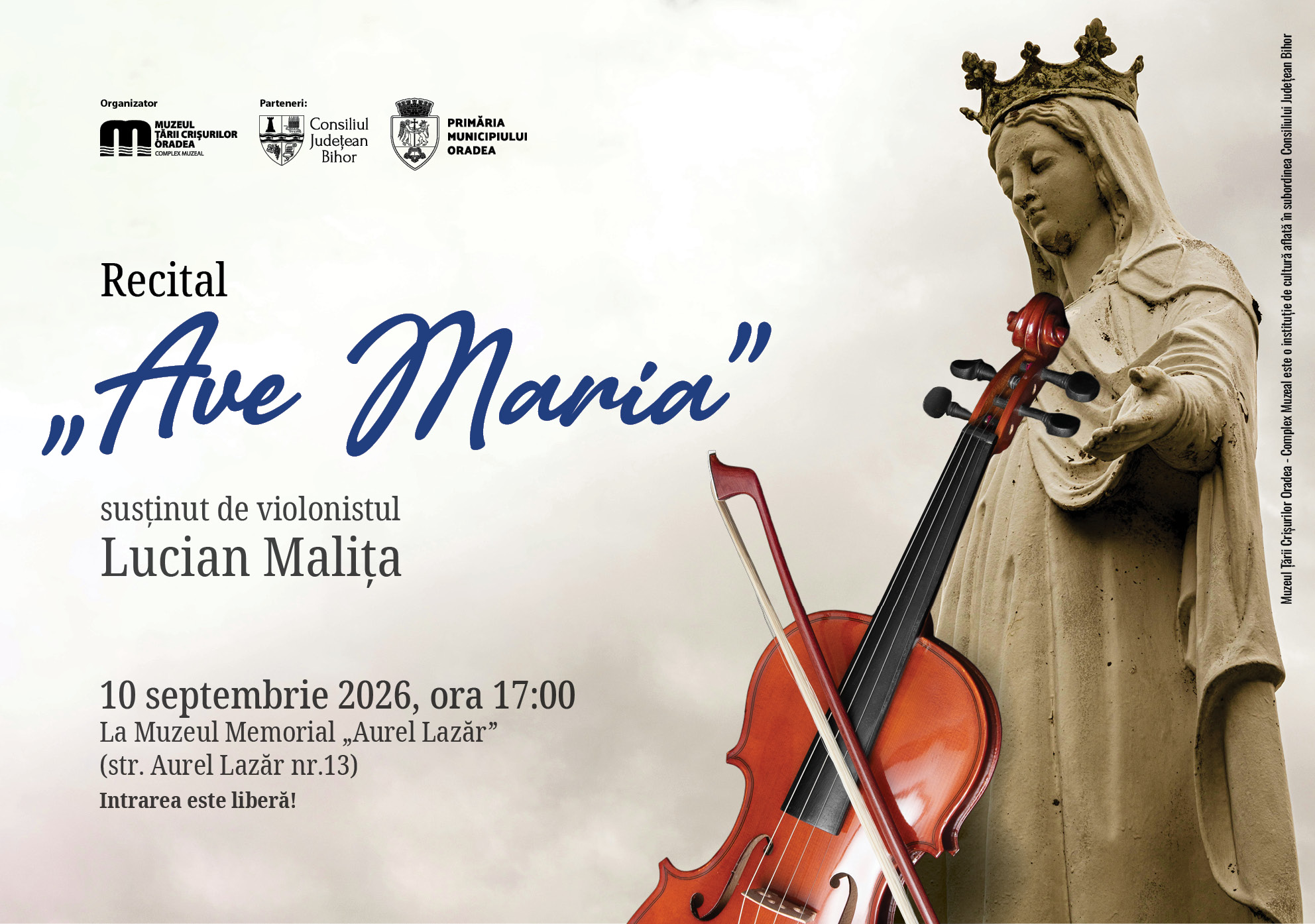 Violonistul Lucian Malița susține recitalul „Ave Maria” la Muzeul Memorial Aurel Lazăr