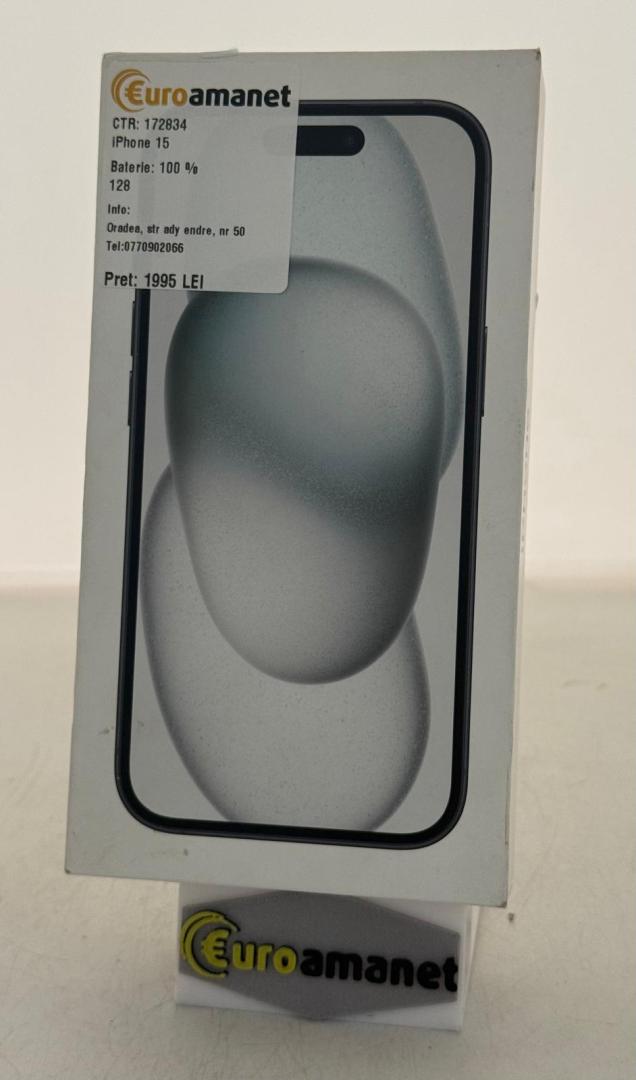 Telefon mobil Apple iPhone 15, 128GB, 5G, Black
