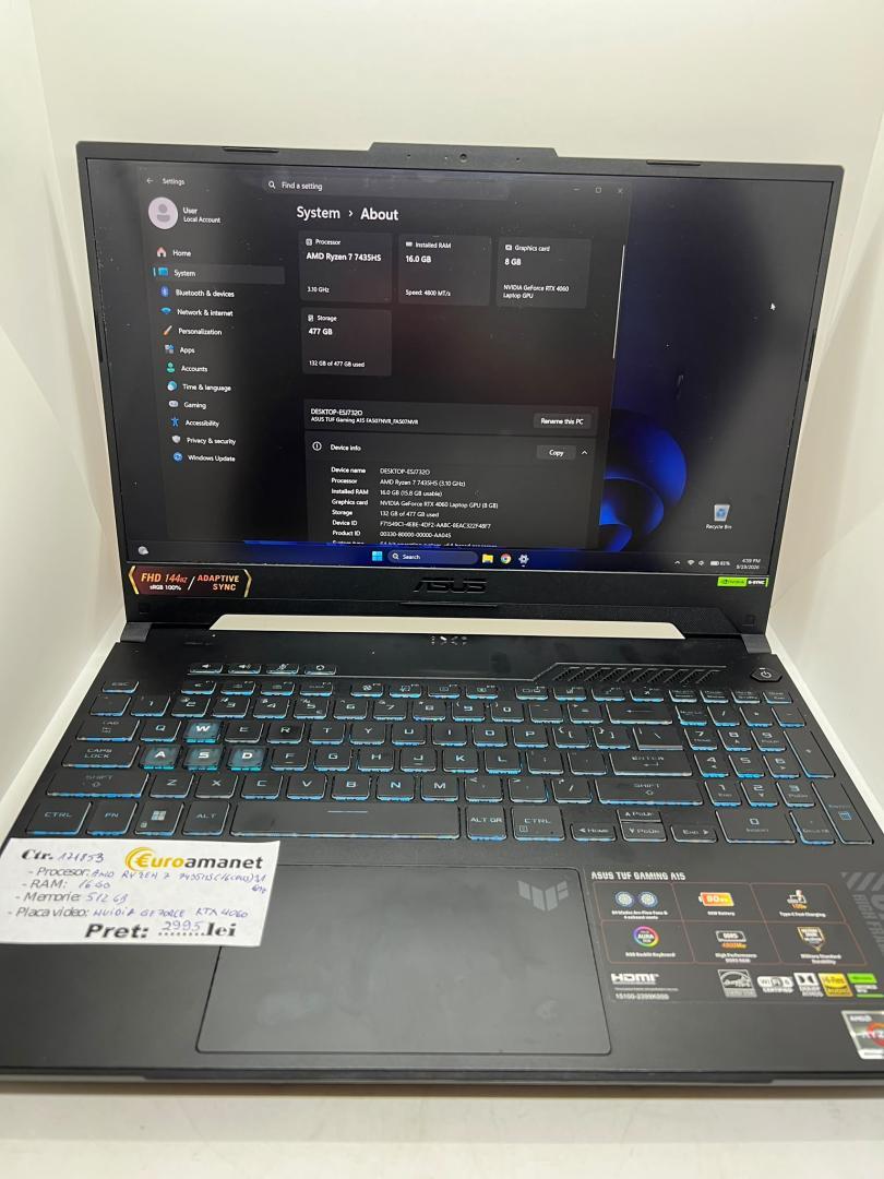 Laptop Gaming ASUS TUF Gaming A15 FA507NVR cu procesor AMD Ryzen™ 7 7435HS