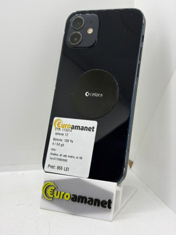 Telefon mobil Apple iPhone 12, 64GB, 5G, Black, 100% Baterie