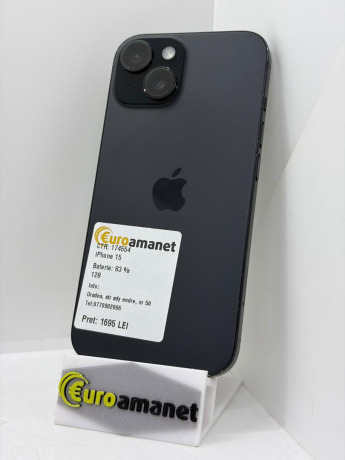 Telefon mobil Apple iPhone 15, 128GB, 5G, Black, 83% Baterie